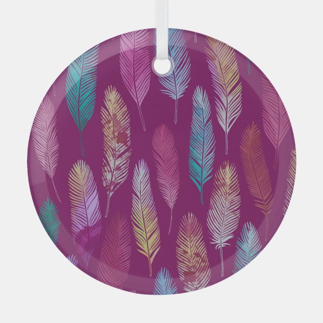 Colourful feathers: purple background pattern. glass tree decoration (Front)