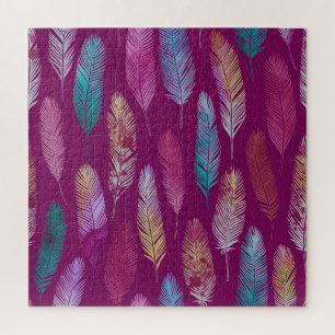 Colourful feathers: purple background pattern. jigsaw puzzle