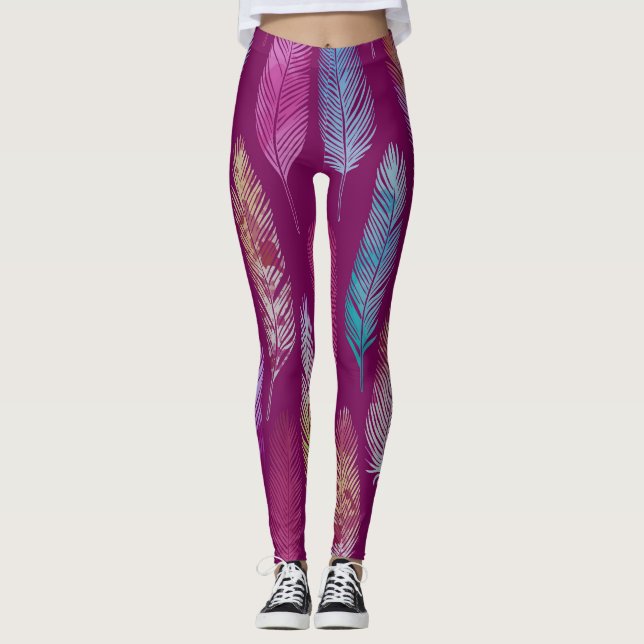 Colourful feathers: purple background pattern. leggings (Front)