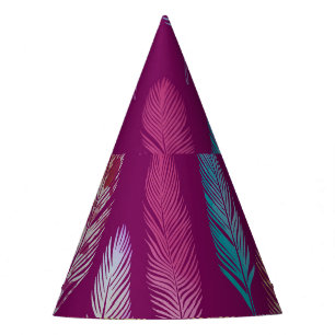 Colourful feathers: purple background pattern. party hat