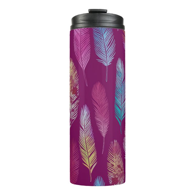 Colourful feathers: purple background pattern. thermal tumbler (Front)