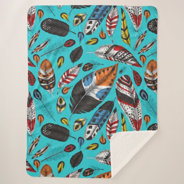 Colourful feathers sherpa blanket (Front)