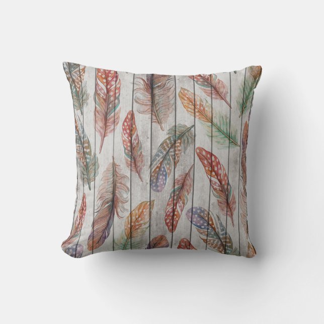 Colourful Feathers, Watercolor Seamless Design. Cushion (Front)
