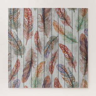Colourful Feathers, Watercolor Seamless Design. Jigsaw Puzzle