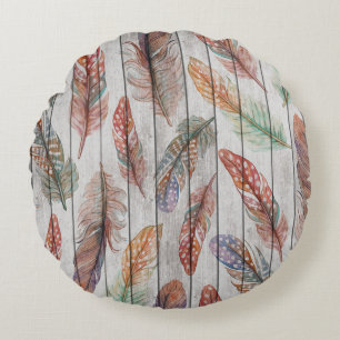 Colourful Feathers, Watercolor Seamless Design. Round Cushion