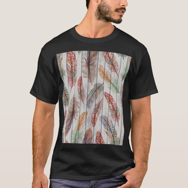 Colourful Feathers, Watercolor Seamless Design. T-Shirt (Front)