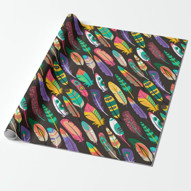 Colourful Feathers Wrapping Paper (Unrolled)