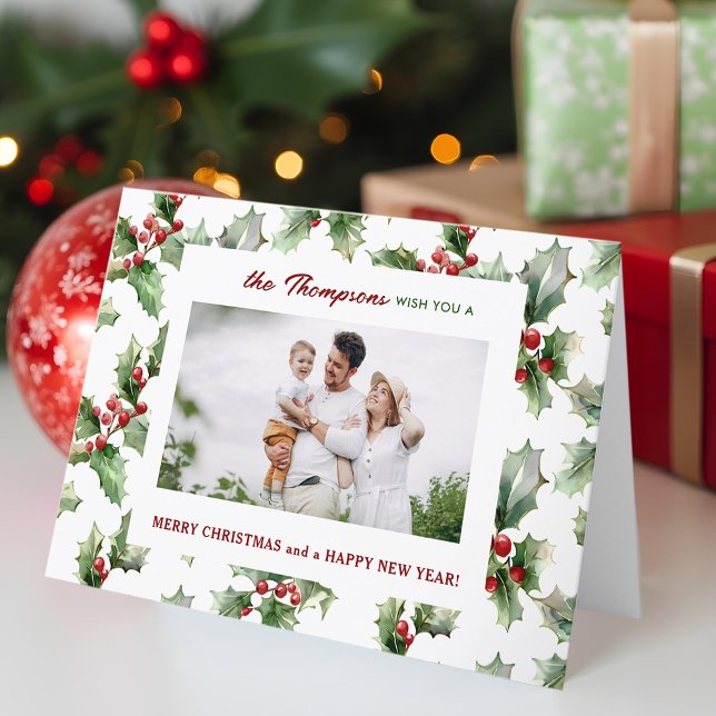 Colourful Festive Christmas Holly One-Photo Holiday Card (Creator Uploaded)