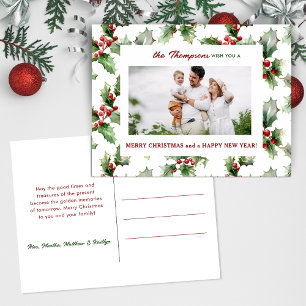 Colourful Festive Christmas Holly One-Photo Holiday Postcard