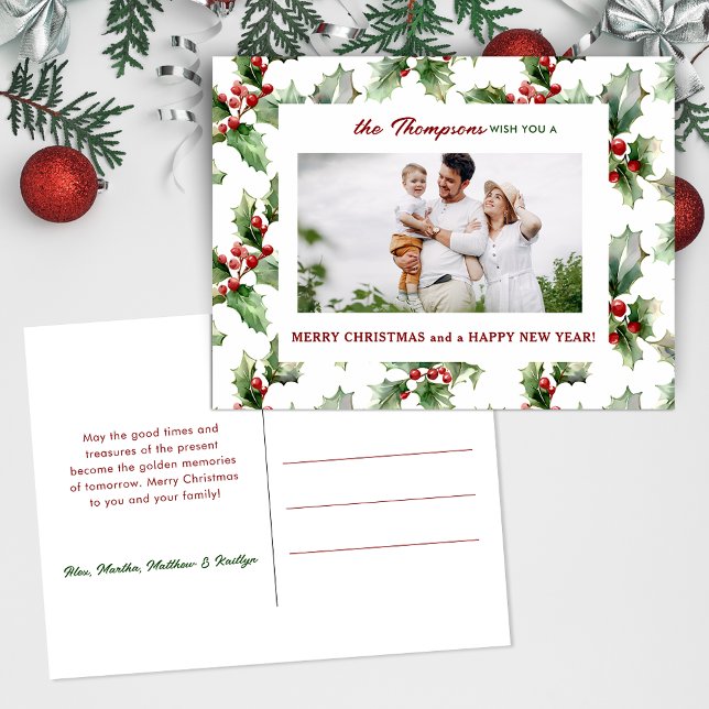 Colourful Festive Christmas Holly One-Photo Holiday Postcard (Creator Uploaded)