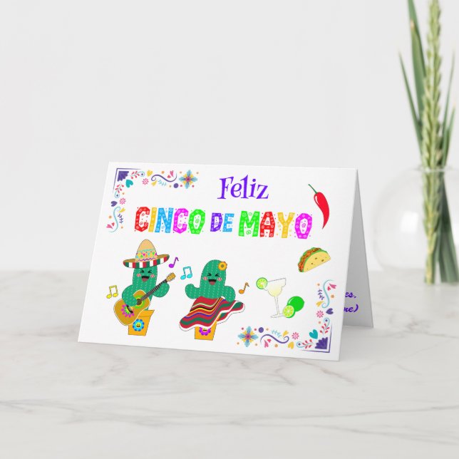 Colourful Festive Cinco de Mayo 2025 Dancing Cactu Card (Front)