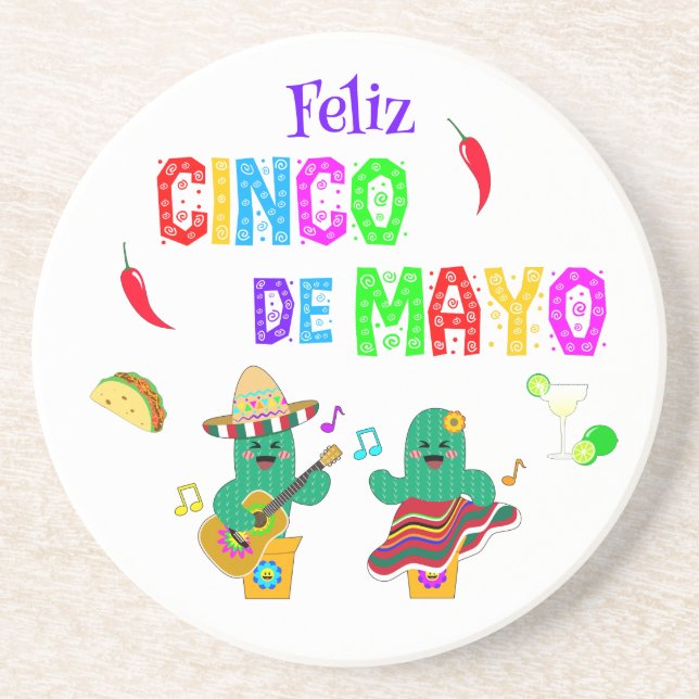 Colourful Festive Cinco de Mayo 2025 Dancing Cactu Coaster (Front)