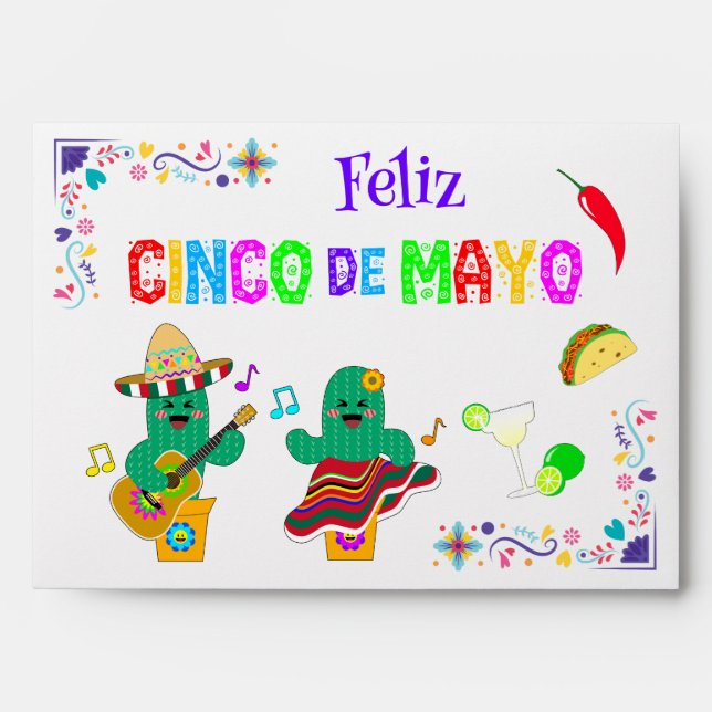 Colourful Festive Cinco de Mayo 2025 Dancing Cactu Envelope (Front)