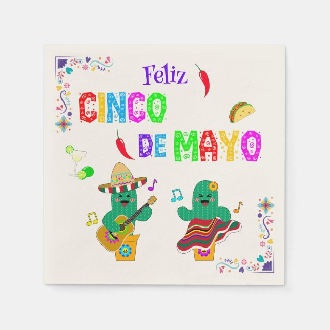Colourful Festive Cinco de Mayo 2025 Dancing Cactu Napkin (Front)