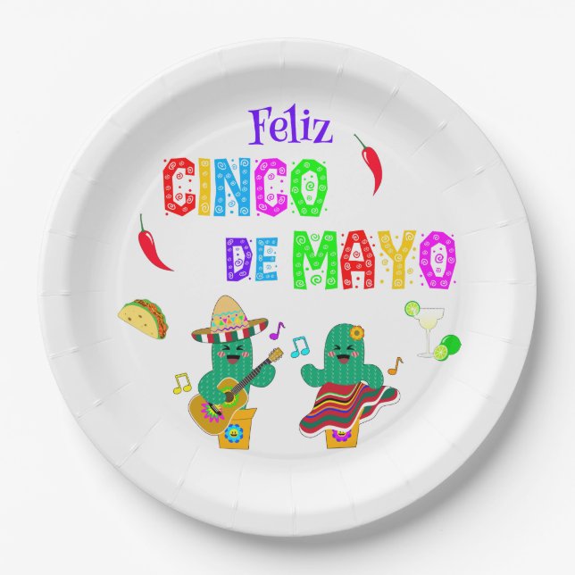 Colourful Festive Cinco de Mayo 2025 Dancing Cactu Paper Plate (Front)