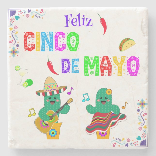 Colourful Festive Cinco de Mayo 2025 Dancing Cactu Stone Coaster (Front)
