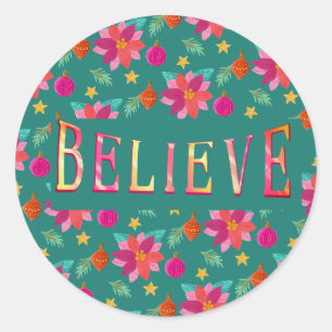 Colourful Festive Floral Believe Christmas Classic Round Sticker