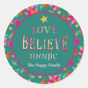 Colourful Festive Floral Believe Christmas Classic Round Sticker