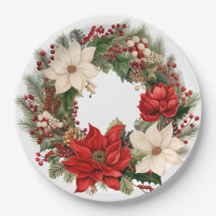 Colourful Festive Floral Christmas Wreath  Paper Plate