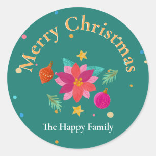 Colourful Festive Floral Green Pink Christmas Name Classic Round Sticker