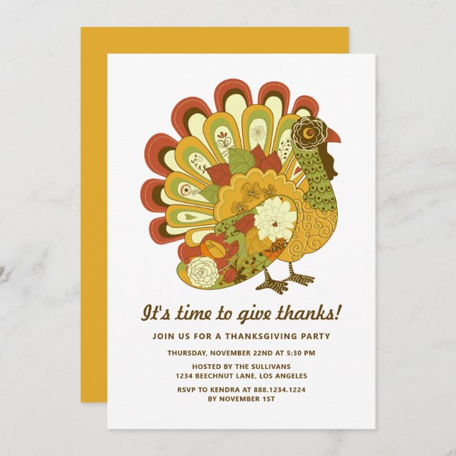 Colourful Festive Floral Turkey Thanksgiving Dinne Invitation (Front/Back)