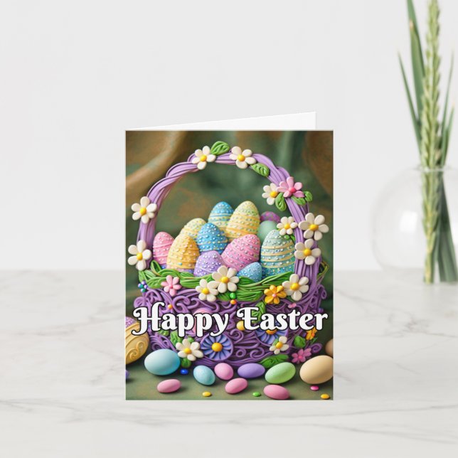 Colourful Festive Happy Easter Basket Holiday Card (Front)