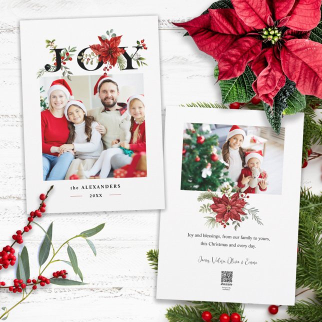 Colourful Festive Joy w/Poinsettias and Berries Holiday Card (Creator Uploaded)