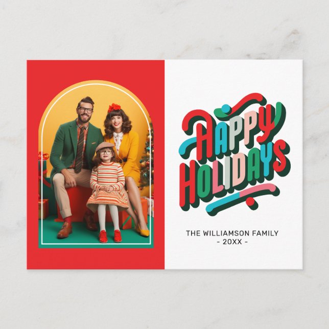 Colourful Festive Retro Arch Family Photo Holiday Postcard (Front)