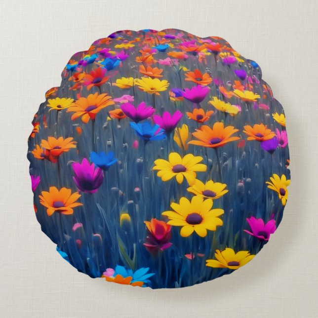 Colourful Field Of Flowers Round Cushion (Front)