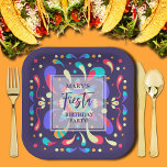 Colourful Fiesta Blue Paper Plate<br><div class="desc">Let's taco bout your Mexican fiesta birthday with this fun colourful design on beautiful dark blue square paper plates. MATCHING items in our collection.</div>
