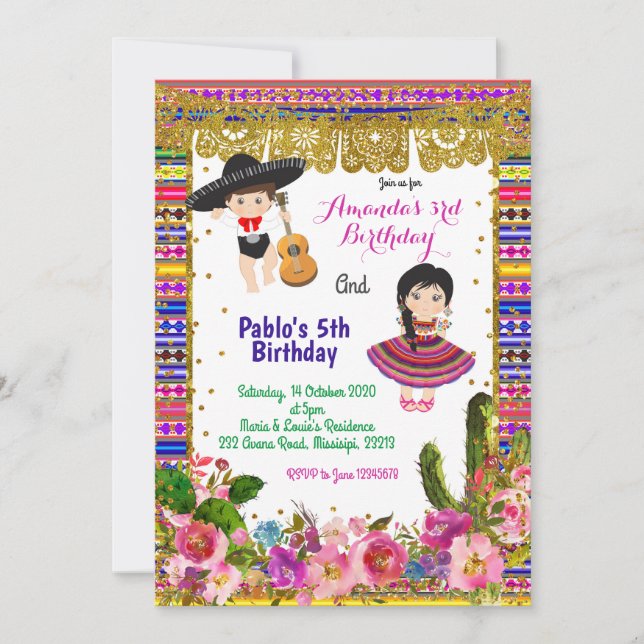 Colourful Fiesta boy and girl birthday invitation (Front)