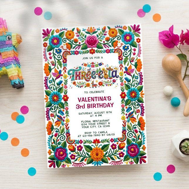Colourful Fiesta Floral Three-esta Third Birthday Invitation (Creator Uploaded)