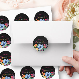 Colourful Fiesta Flowers Black Floral Quinceanera Classic Round Sticker