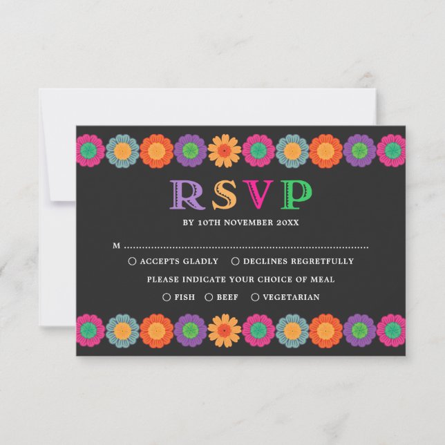 Colourful Fiesta Mexican Flowers Wedding RSVP Card (Front)