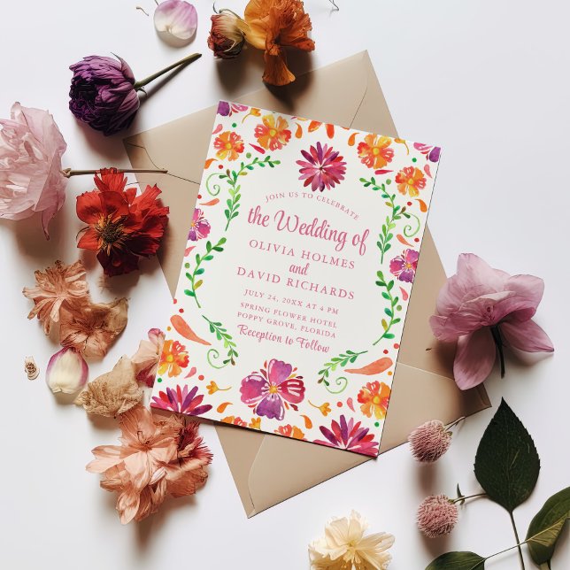 Colourful Fiesta Mexicana Floral Wedding Invite (Colorful Fiesta Mexicana Floral Wedding Invite on a white table colorful flowers.)