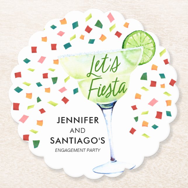 Colourful Fiesta Theme Engagement Paper Coaster (Front)