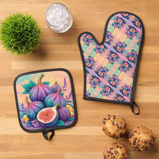 Colourful fig oven mitt & pot holder set (Top Down)