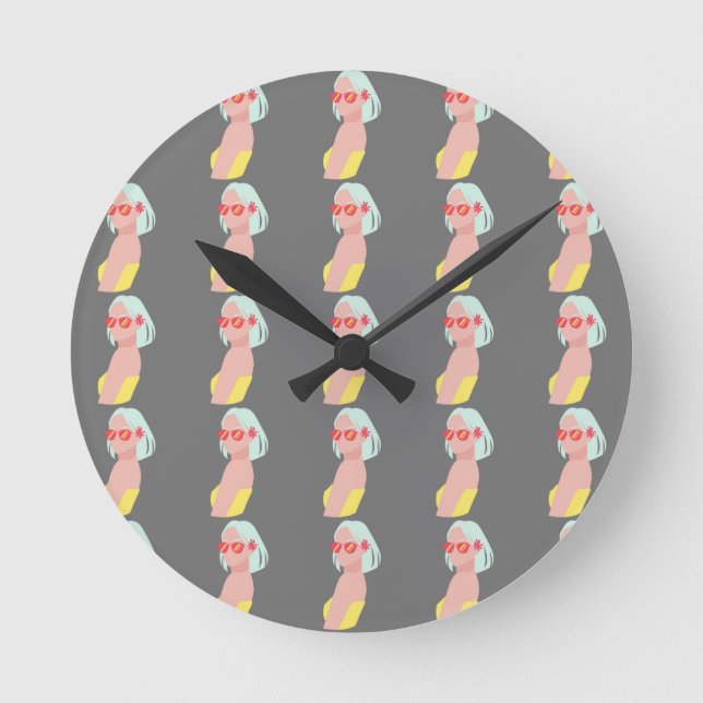 Colourful Figure Pattern on Grey Background Round Clock (Front)