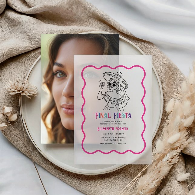 Colourful Final Fiesta Pink Bachelorette Party Vellum Invitations (Colorful Final Fiesta Pink Bachelorette Party Vellum Invitation)