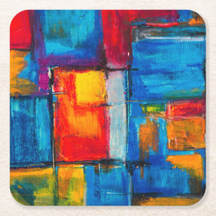Colourful Fine Art Abstract Oil Painting Square Paper Coaster
