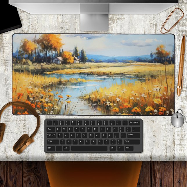 Colourful Fine Art Summer Landscape Desk Mat (Desk mat featuring a colorful painting of a spacious summer landscape with a creek and wildflowers)