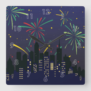 Colourful Fireworks Over the City Skyline Sketch Square Wall Clock