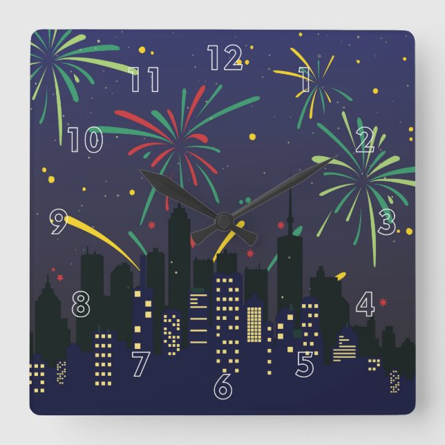 Colourful Fireworks Over the City Skyline Sketch Square Wall Clock (Front)