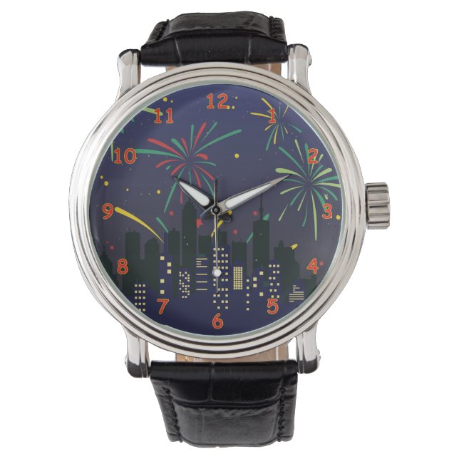 Colourful Fireworks Over the City Skyline Sketch Watch (Front)