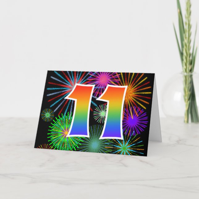 Colourful Fireworks + Rainbow Pattern "11" Event # Card (Front)