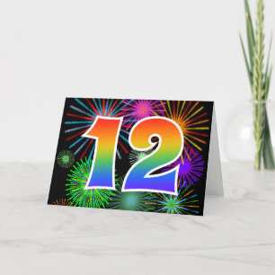 Colourful Fireworks + Rainbow Pattern "12" Event # Card