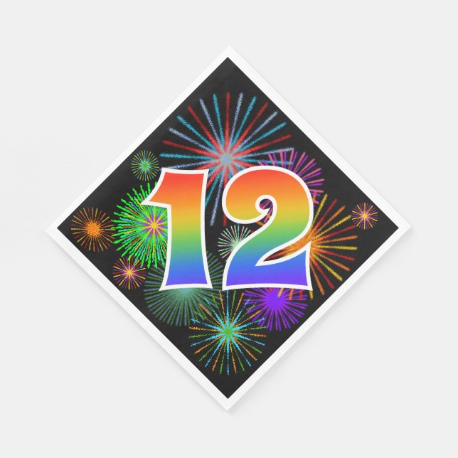 Colourful Fireworks + Rainbow Pattern "12" Event # Napkin (Corner)