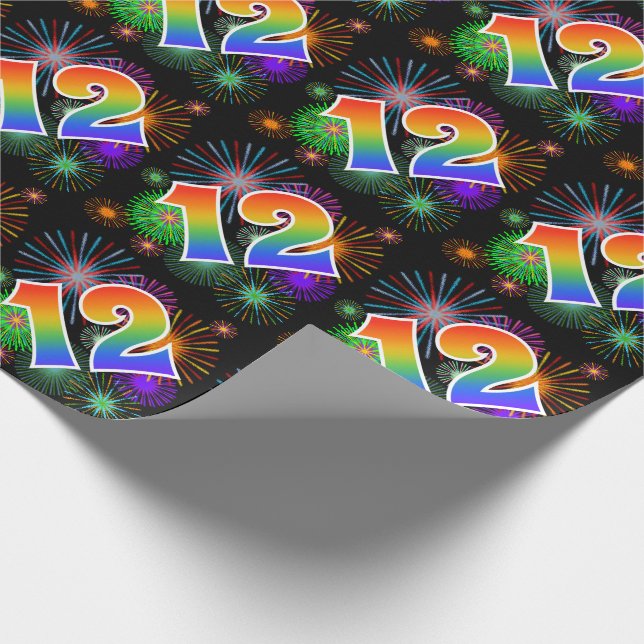 Colourful Fireworks + Rainbow Pattern "12" Event # Wrapping Paper (Corner)