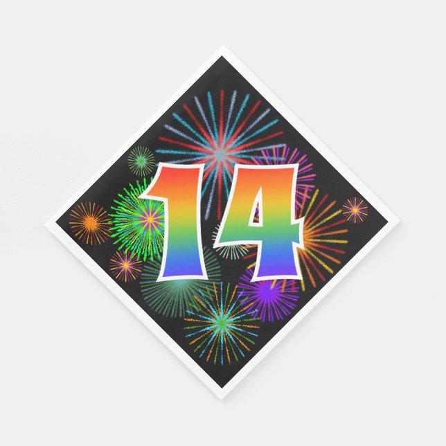 Colourful Fireworks + Rainbow Pattern "14" Event # Napkin (Corner)