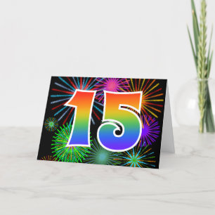 Colourful Fireworks + Rainbow Pattern "15" Event # Card